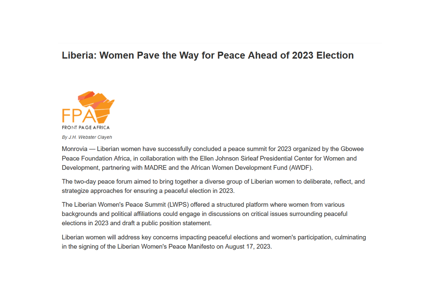 Liberia Women Pave The Way For Peace Ahead Of 2023 Election