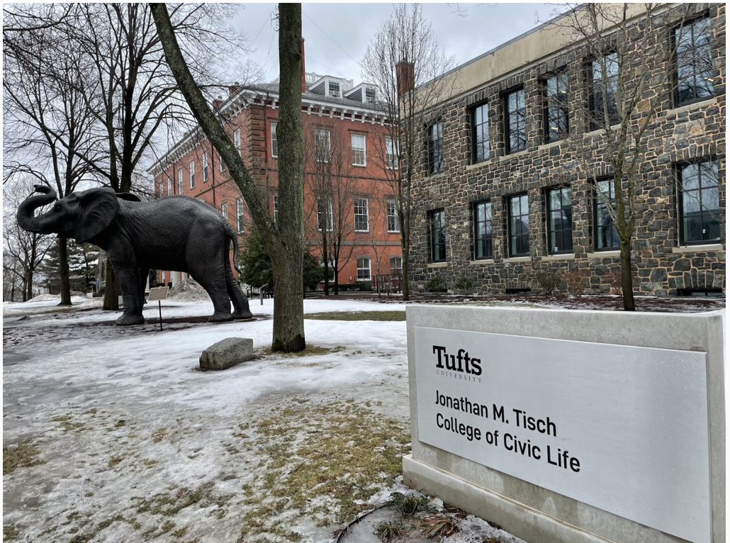 The Jonathan M. Tisch College of Civic Life is pictured next to Jumbo on Feb. 8. Cora Hartmann / The Tufts Daily - Circule