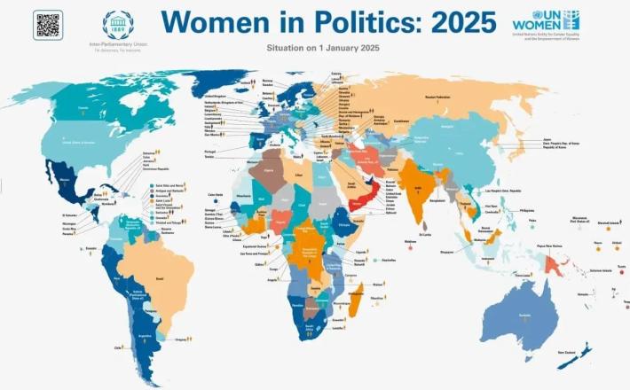 The darker the blue, the higher the ratio of women in political leadership. The darkest orange represents the lowest ratio.Source: United Nations/UN Women