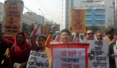 Women's organisations protest in front of the election commission in Dhaka over comments by Shafiqur Rahman, Jamaat e-Islami’s leader. Photograph: Maruf Rahman/NurPhoto/Shutterstock