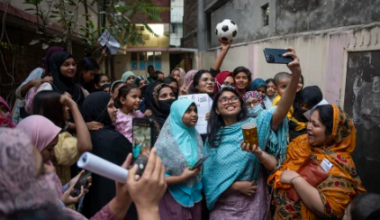 Tasnim Zara, an independent candidate for parliament, takes a selfie with other young women in Dhaka, Bangladesh, February 6, 2026. Suman Kanti Paul/Drik/Getty Images