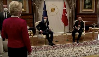 European Commission president Ursula von der Leyen stands as European Council president Charles Michel, centre, and Turkish president Tayyip Erdogan take seats in Ankara © via REUTERS
