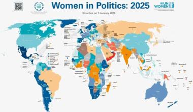 The darker the blue, the higher the ratio of women in political leadership. The darkest orange represents the lowest ratio.Source: United Nations/UN Women
