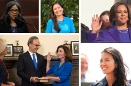 Clockwise from top left: Marilyn Strickland; Deb Haaland; Kamala Harris; Michelle Wu; and Kathy Hochul (Ms Magazine)