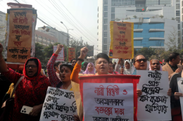 Women's organisations protest in front of the election commission in Dhaka over comments by Shafiqur Rahman, Jamaat e-Islami’s leader. Photograph: Maruf Rahman/NurPhoto/Shutterstock