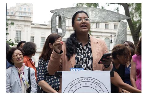 Newly Brooklyn Councilmember elect Shahana Hanif spoke at a rally in City Hall Park supporting female candidates, July 13, 2021. Ben Fractenberg/THE CITY